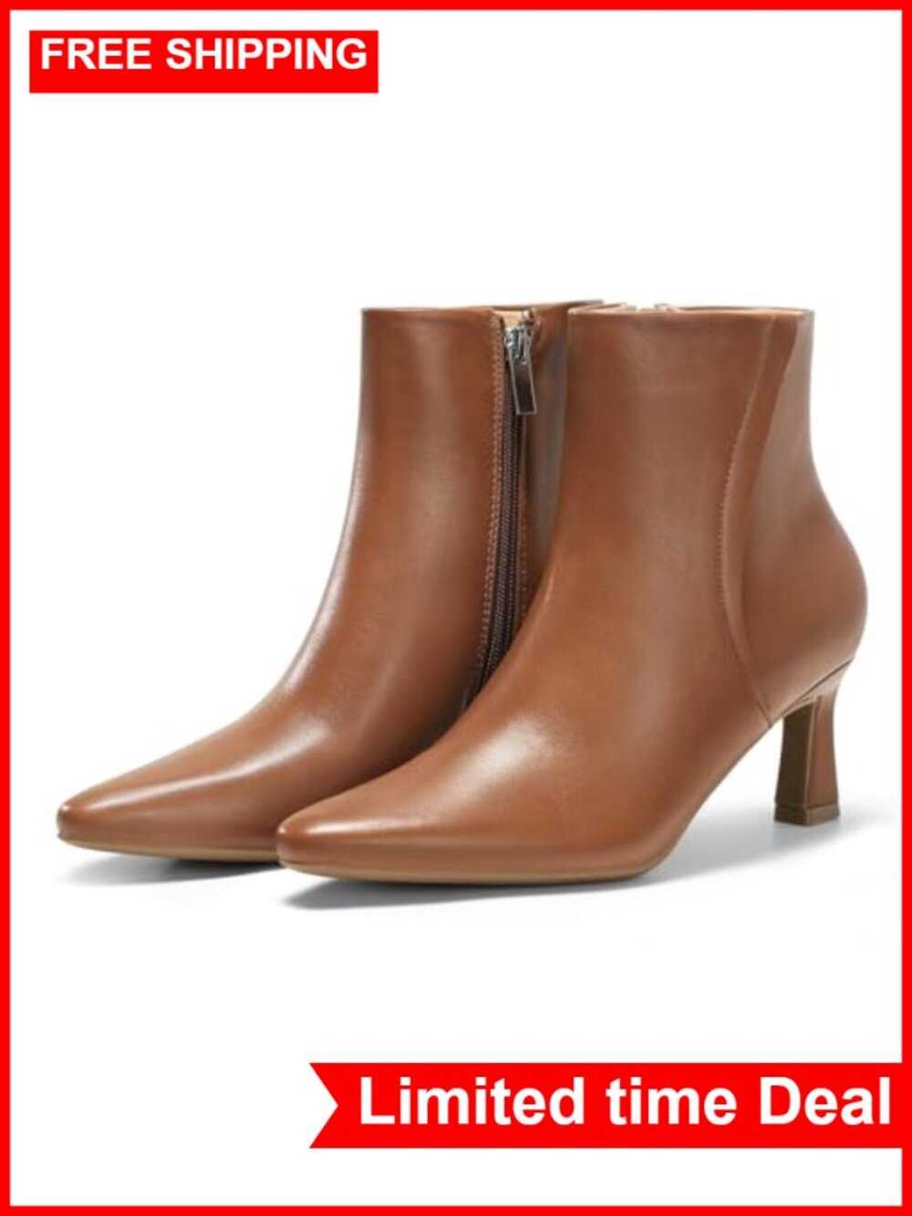 Coutgo Women's Ankle Boots Kitten Low Heel PU Leather Pointed Toe Side Zip